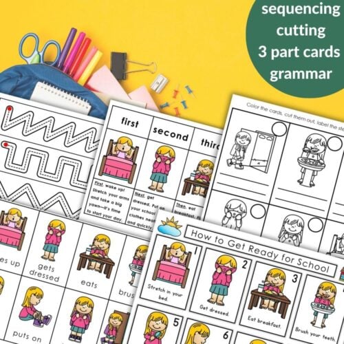 How to Get Ready for School: Sequencing Routine & Fine Motor Activities—educational worksheets for kids with cutting, grammar, and 3-part cards to boost school readiness—displayed with school supplies on a yellow background. Montessori Nature Printables