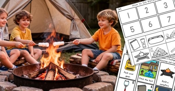 Three children roast marshmallows over a campfire near a tent, enjoying classic backyard camping. A camp-themed illustrated checklist printable is featured in the foreground, perfect for planning fun children activities. Montessori Nature Printables