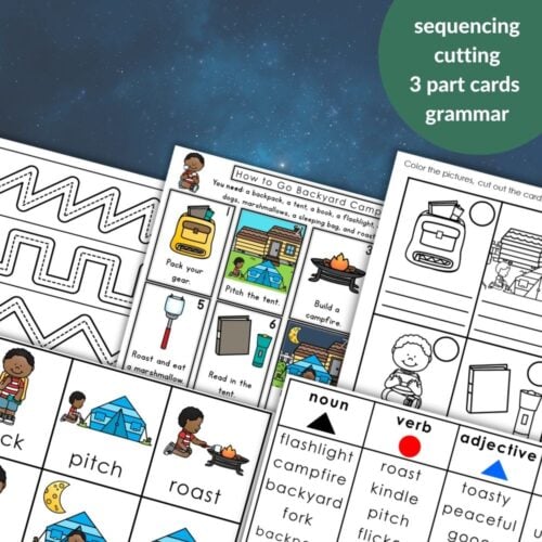How to Go Backyard Camping: Outdoor Life Skills Sequencing Activities Grammar includes worksheets with sequencing, cutting exercises, 3-part cards, and grammar sorting using images and text for camping and backyard camping skills. Montessori Nature Printables