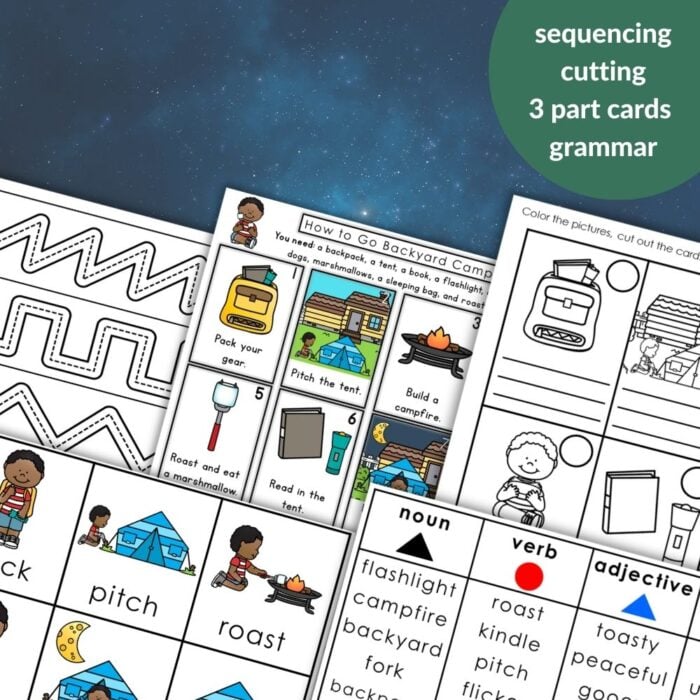 How to Go Backyard Camping: Outdoor Life Skills Sequencing Activities Grammar includes worksheets with sequencing, cutting exercises, 3-part cards, and grammar sorting using images and text for camping and backyard camping skills. Montessori Nature Printables