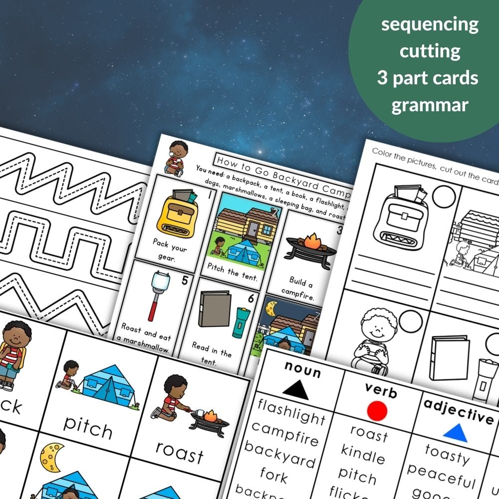 How to Go Backyard Camping: Outdoor Life Skills Sequencing Activities Grammar includes worksheets with sequencing, cutting exercises, 3-part cards, and grammar sorting using images and text for camping and backyard camping skills. Montessori Nature Printables