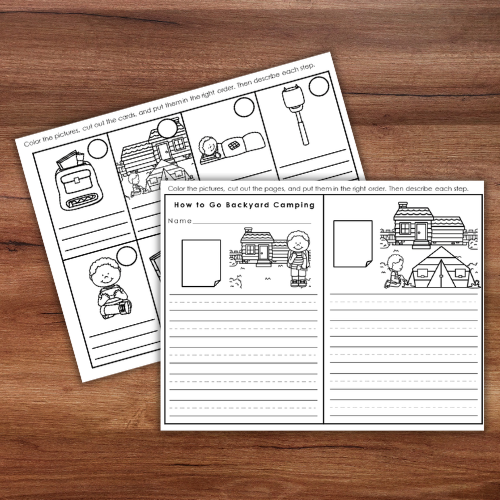 Two printable activity sheets from "How to Go Backyard Camping: Outdoor Life Skills Sequencing Activities Grammar" feature illustrations and sequencing exercises, helping children describe and order steps for backyard camping while building outdoor life skills. Montessori Nature Printables