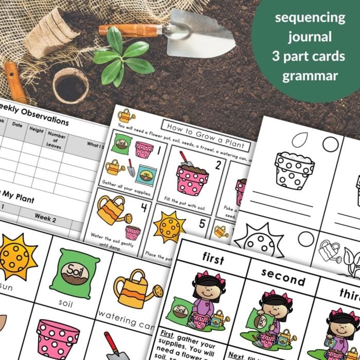 The "How to Grow a Plant: Spring Summer Gardening Sequencing Activity Grammar" offers plant-themed educational worksheets for kids, with sequencing cards, journal pages, and illustrated steps to guide children in growing a plant. Montessori Nature Printables