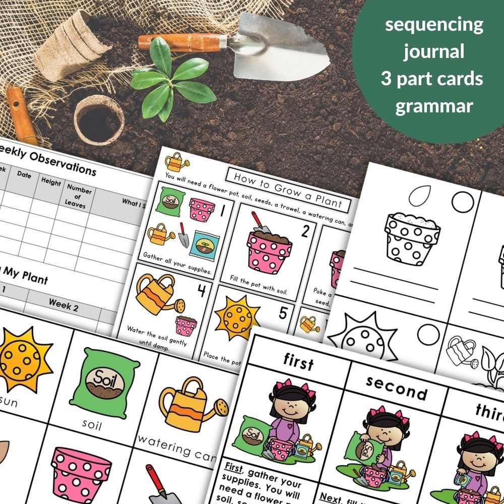 The "How to Grow a Plant: Spring Summer Gardening Sequencing Activity Grammar" offers plant-themed educational worksheets for kids, with sequencing cards, journal pages, and illustrated steps to guide children in growing a plant. Montessori Nature Printables