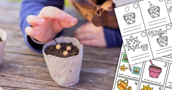 A child plants seeds in a small pot of soil on a wooden surface, with illustrated gardening printables and hands-on activities worksheets partially visible in the foreground. Montessori Nature Printables