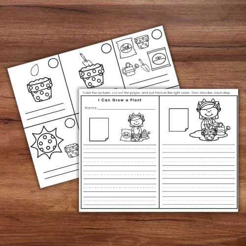 The "How to Grow a Plant: Spring Summer Gardening Sequencing Activity Grammar" includes two black-and-white worksheets with plant growth sequencing, coloring, cut-and-paste tasks, and lined writing sections for kids. Displayed on a wooden surface. Montessori Nature Printables