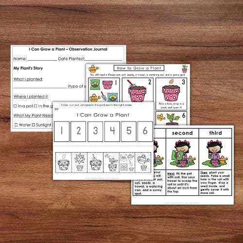 The "How to Grow a Plant: Spring Summer Gardening Sequencing Activity Grammar" set features three plant-themed worksheets with drawings, numbered steps, and spaces for observations—ideal for kids’ spring gardening sequencing activities. Montessori Nature Printables
