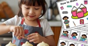 Young child decorating cupcakes in a kitchen, with illustrated step-by-step cupcake recipe cards displayed nearby—an engaging way of baking for children and nurturing independence as they make cupcakes on their own. Montessori Nature Printables