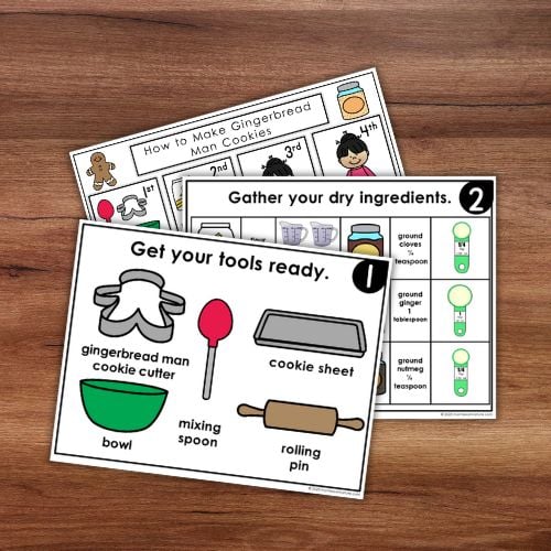 How to Make Gingerbread Man Cookies: Practical Life Christmas Activities Grammar includes two illustrated recipe cards with ingredients, tools, and step-by-step instructions—ideal for Christmas activities with kids. Montessori Nature Printables
