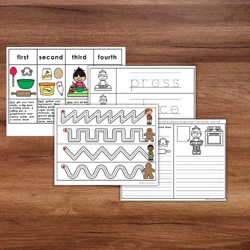 Four printable activity sheets from "How to Make Gingerbread Man Cookies: Practical Life Christmas Activities Grammar" are shown on wood, featuring sequencing, tracing, and writing tasks for fun holiday learning. Montessori Nature Printables