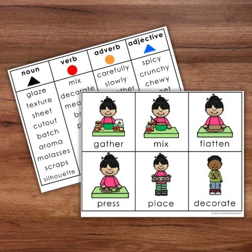 The “How to Make Gingerbread Man Cookies: Practical Life Christmas Activities Grammar” set includes worksheets listing nouns, verbs, adverbs, and adjectives, plus fun action verb exercises—perfect for hands-on grammar or festive holiday lessons. Montessori Nature Printables