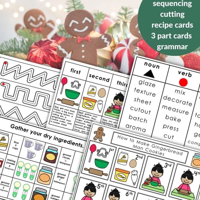 How to Make Gingerbread Man Cookies: Practical Life Christmas Activities Grammarโeducational worksheets with sequencing, cutting, recipe cards, grammar tasks & illustrationsโideal for practical life and Christmas activities. Montessori Nature Printables