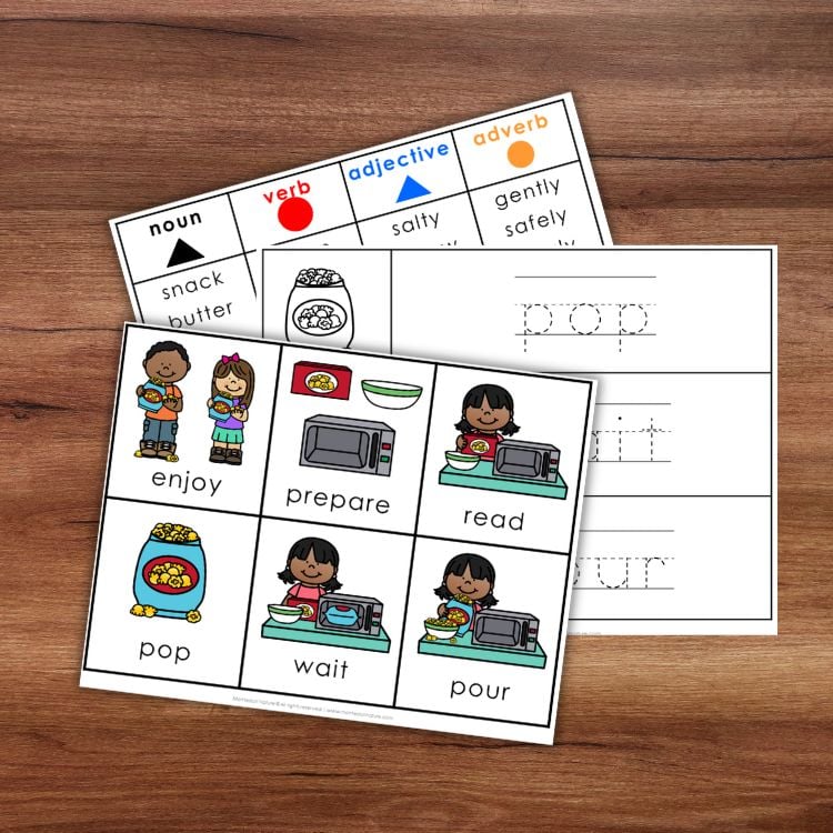 Two educational worksheets from the "How to Make Popcorn" set feature images and text for grammar and vocabulary practice, such as filling in word types and tracing or identifying action words with corresponding pictures. One worksheet uses a fun homemade popcorn theme, guiding students to follow a simple popcorn recipe by tracing verbs like "make," "pour," or "pop," then matching those verbs to related images. Montessori Nature Printables