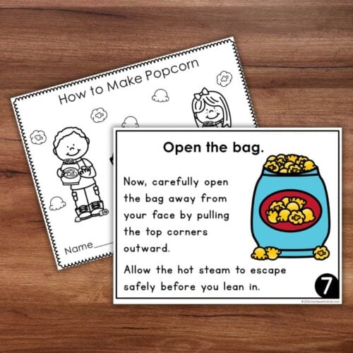 A numbered instruction card from the "How to Make Popcorn" kit explains how to safely open a popcorn bag, making it simple for kids to begin their homemade popcorn adventure. Beside the card is a black-and-white "How to Make Popcorn" worksheet featuring cartoon children, providing step-by-step guidance through their very first popcorn recipe. Montessori Nature Printables