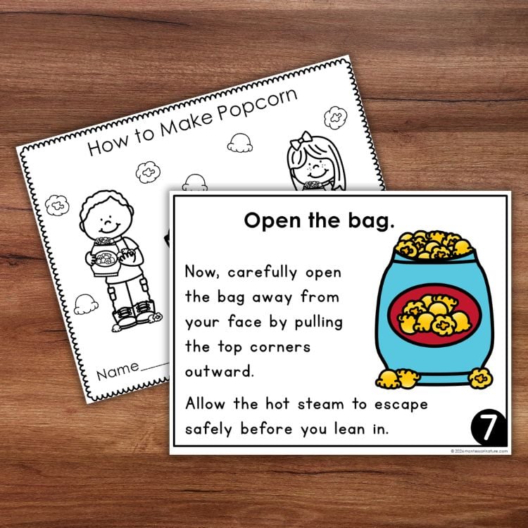 A numbered instruction card from the "How to Make Popcorn" kit explains how to safely open a popcorn bag, making it simple for kids to begin their homemade popcorn adventure. Beside the card is a black-and-white "How to Make Popcorn" worksheet featuring cartoon children, providing step-by-step guidance through their very first popcorn recipe. Montessori Nature Printables