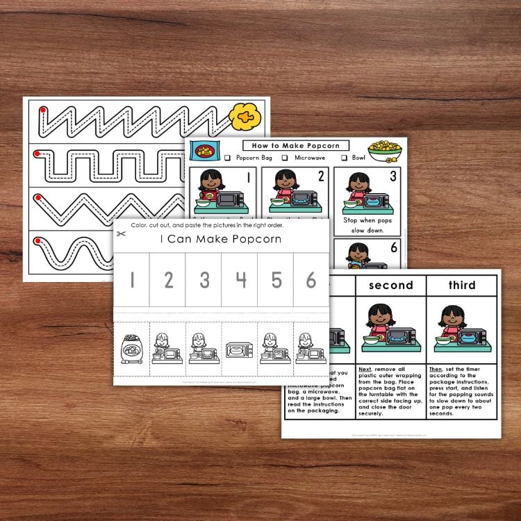 Four printable worksheets from "How to Make Popcorn" are displayed on a wooden surface, showcasing step-by-step instructions, sequencing exercises, and mazes with playful cartoon illustrations. Perfect for teaching children to make popcorn at home, these engaging sheets guide kids through an easy homemade popcorn recipe in a fun, interactive format. Montessori Nature Printables