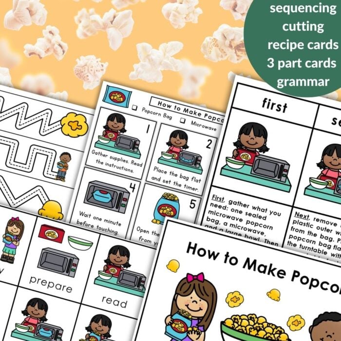 How to Make Popcorn educational worksheets featuring illustrated steps, vocabulary cards, sequencing activities, and clear instructions for making popcorn, set against a background with popcorn pieces and a green text label. Montessori Nature Printables