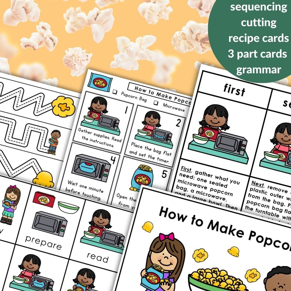 How to Make Popcorn educational worksheets featuring illustrated steps, vocabulary cards, sequencing activities, and clear instructions for making popcorn, set against a background with popcorn pieces and a green text label. Montessori Nature Printables