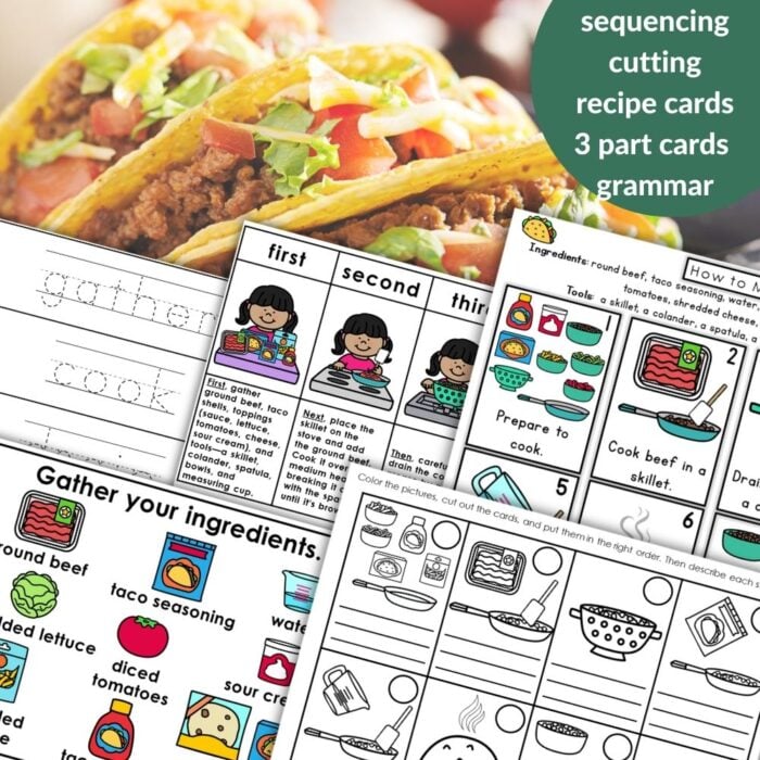 How to Make Tacos: Recipe Practical Life Sequencing Activities Grammar includes educational worksheets with sequencing, recipe cards, ingredient images, and grammar activities—all overlaid on a taco photo background. Montessori Nature Printables