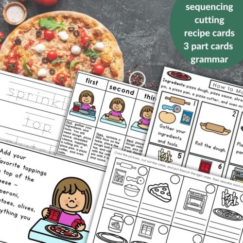 The “How to Make a Pizza: Practical Life Recipe Sequencing Activity Grammar” set features educational worksheets with pizza-making steps, recipe cards, grammar practice, and handwriting activities for hands-on learning. Montessori Nature Printables
