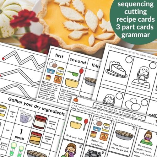 The "How to Make a Pumpkin Pie: Practical Life Autumn Activities Grammar" set offers printable sheets with sequencing, cutting, recipe cards, 3-part cards, and grammar activities—all themed around baking pumpkin pie for practical life learning. Montessori Nature Printables