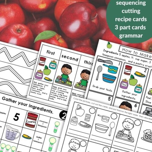 A collage features apples and educational worksheets from "How to Make an Apple Pie: Practical Life Autumn Activities Grammar," including sequencing, cutting, recipe cards, and grammar—ideal for autumn and practical life learning. Montessori Nature Printables