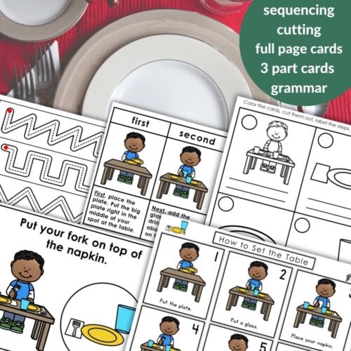 “How to Set the Table: Practical Life Daily Routine Sequencing Activity Grammar” worksheets are shown over a formal table setting, with a green circle highlighting sequencing, cards, cutting tasks, and grammar practice. Montessori Nature Printables