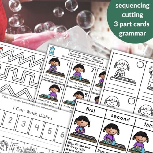 “How to Wash Dishes: Practical Life Daily Chores Sequencing Activity Grammar” offers educational worksheets for kids on washing dishes, word lists, grammar sorting, tracing, and sequencing—set on a playful background with bubbles and utensils. Montessori Nature Printables