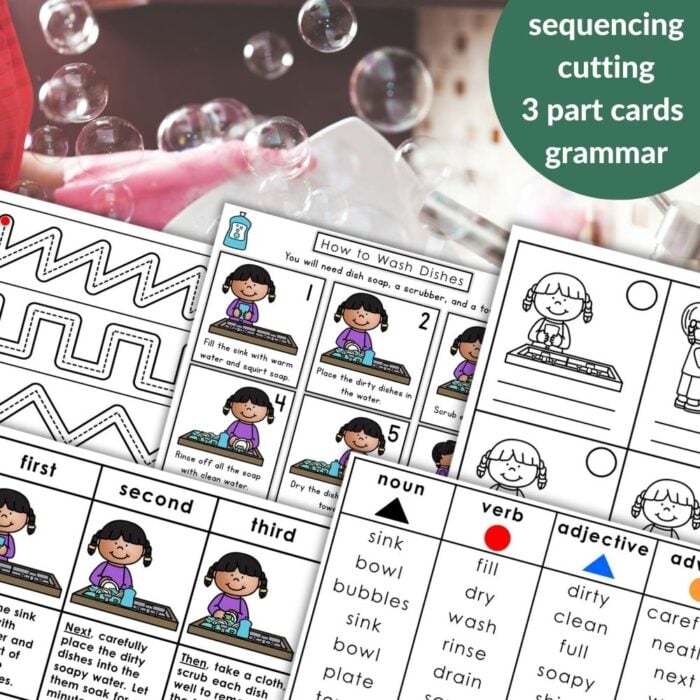 “How to Wash Dishes: Practical Life Daily Chores Sequencing Activity Grammar” offers educational worksheets for kids on washing dishes, word lists, grammar sorting, tracing, and sequencing—set on a playful background with bubbles and utensils. Montessori Nature Printables