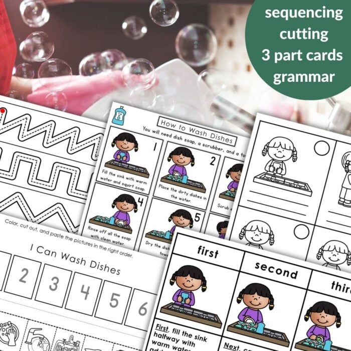 “How to Wash Dishes: Practical Life Daily Chores Sequencing Activity Grammar” offers educational worksheets for kids on washing dishes, word lists, grammar sorting, tracing, and sequencing—set on a playful background with bubbles and utensils. Montessori Nature Printables