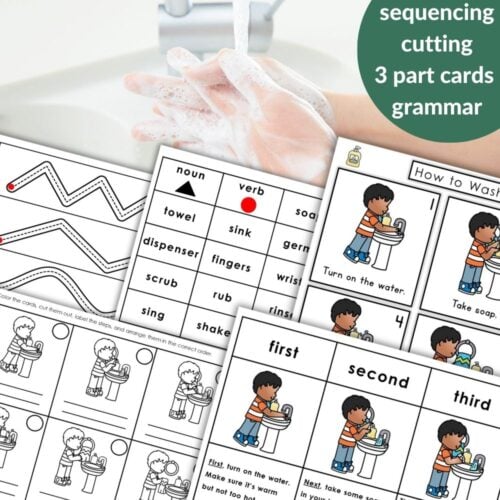 How to Wash Your Hands: Sequencing Hygiene & Fine Motor Activities includes worksheets with child hand-washing illustrations, sequencing tasks, cutting activities, grammar cards, and a hygiene photo overlay. Montessori Nature Printables