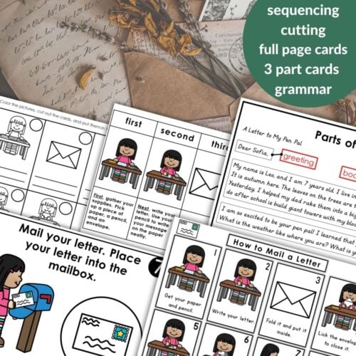 The "How to Write and Mail a Letter: Practical Writing & Sequencing Activity Grammar" pack includes sequencing activities, grammar worksheets, and step-by-step illustrated guides on letter writing for kids. Montessori Nature Printables