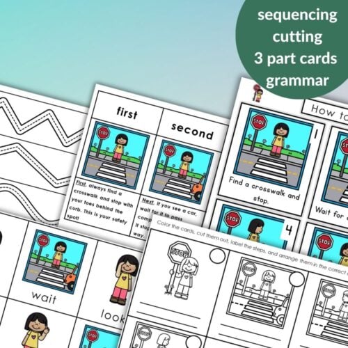 “How to Cross the Street: Sequencing Safety & Fine Motor Activities” offers educational worksheets for kids with grammar practice, crosswalk illustrations, safety sequencing tasks, and related vocabulary. Montessori Nature Printables