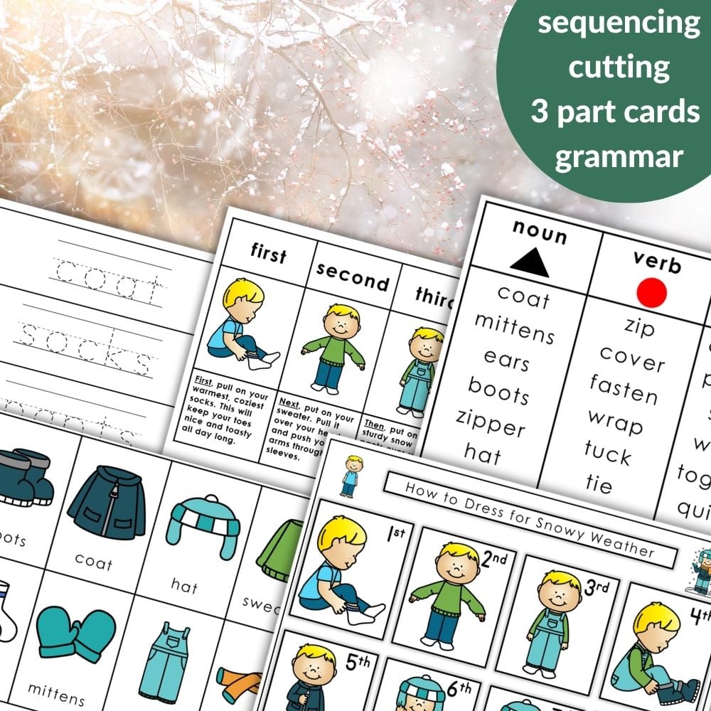How to Dress for Snowy Weather: Practical Life Winter Activities Grammar offers printable worksheets with winter clothing vocabulary, sequencing activities, noun/verb cards, and handwriting practice—ideal for snowy days and practical learning. Montessori Nature Printables
