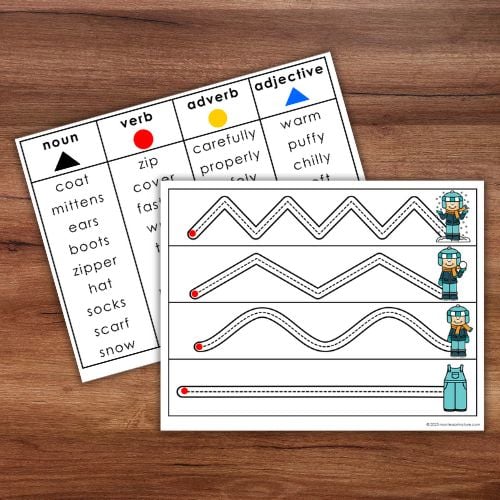 Two worksheets from "How to Dress for Snowy Weather: Practical Life Winter Activities Grammar": one with a categorized word list (nouns, verbs, adverbs, adjectives), and another with wavy tracing lines and winter-themed cartoon illustrations. Montessori Nature Printables