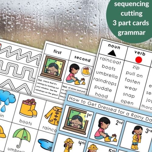 How to Get Dressed for a Rainy Day: Practical Life Sequencing Activities offers engaging worksheets for kids, featuring sequencing, grammar cards, games, and cutting exercises—all with a rainy day theme. Montessori Nature Printables