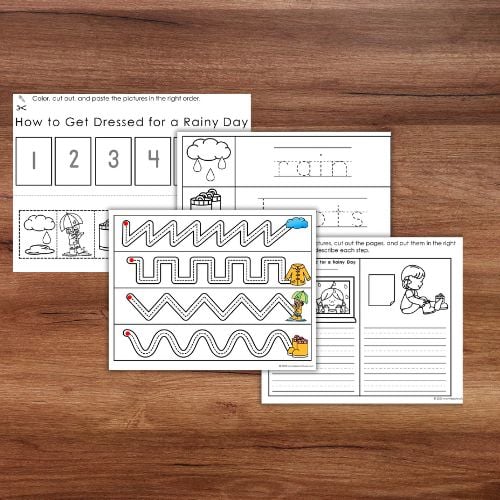 How to Get Dressed for a Rainy Day: Practical Life Sequencing Activities features four printable worksheets with sequencing, tracing, and coloring tasks about dressing for rainy weather, all displayed on a wooden surface. Montessori Nature Printables
