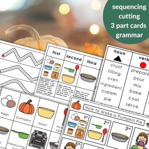 How to Make a Pumpkin Pie: Practical Life Autumn Activities Grammar includes four illustrated kids’ activity sheets—sequencing, cutting, 3-part cards, and grammar—in an autumn theme, with a blurred pumpkin and cozy kitchen background. Montessori Nature Printables