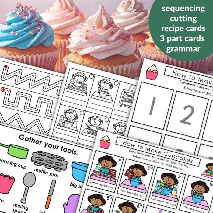 A collage of "How to Make Cupcakes: Practical Life Kitchen Activities Grammar" shows cupcakes and educational printables like sequencing, recipe cards, cooking tools, grammar cards, and illustrated cupcake instructions for hands-on kitchen fun. Montessori Nature Printables