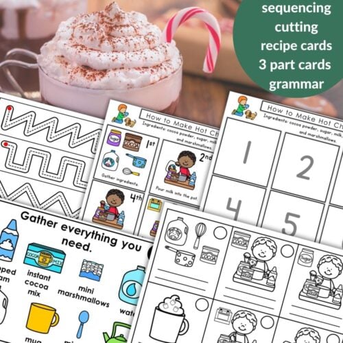 The "How to Make Hot Chocolate: Practical Life Kitchen Activities Grammar" set features a cup of hot chocolate with whipped cream and a candy cane, plus printable worksheets on sequencing, recipes, grammar, and kitchen skills. Montessori Nature Printables