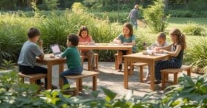 Children sit at wooden tables outdoors, engaged in Montessori activities with paper and tablets, while an adult tends to the garden in the background. Montessori Nature Printables