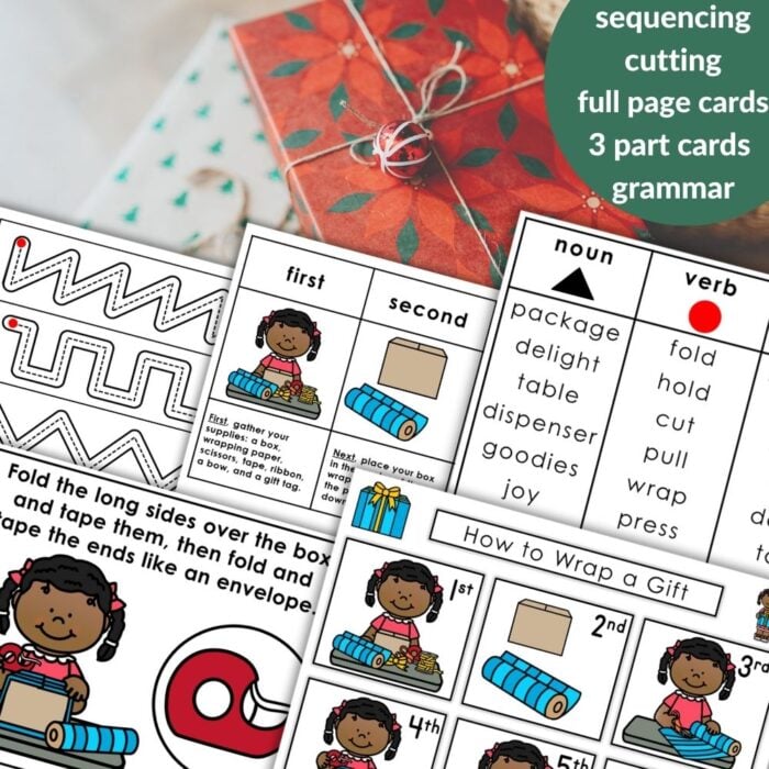 How to Wrap a Gift: Practical Life Christmas Birthday Activities Grammarโfun worksheets for kids with step-by-step wrapping, sequencing, cutting practice, and parts of speech on a festive background with wrapped presents. Montessori Nature Printables