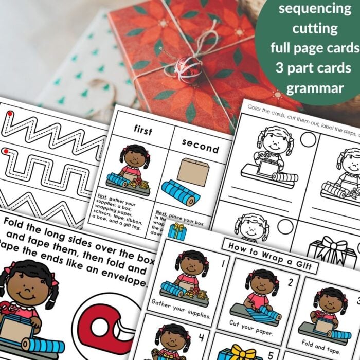 How to Wrap a Gift: Practical Life Christmas Birthday Activities Grammar—fun worksheets for kids with step-by-step wrapping, sequencing, cutting practice, and parts of speech on a festive background with wrapped presents. Montessori Nature Printables