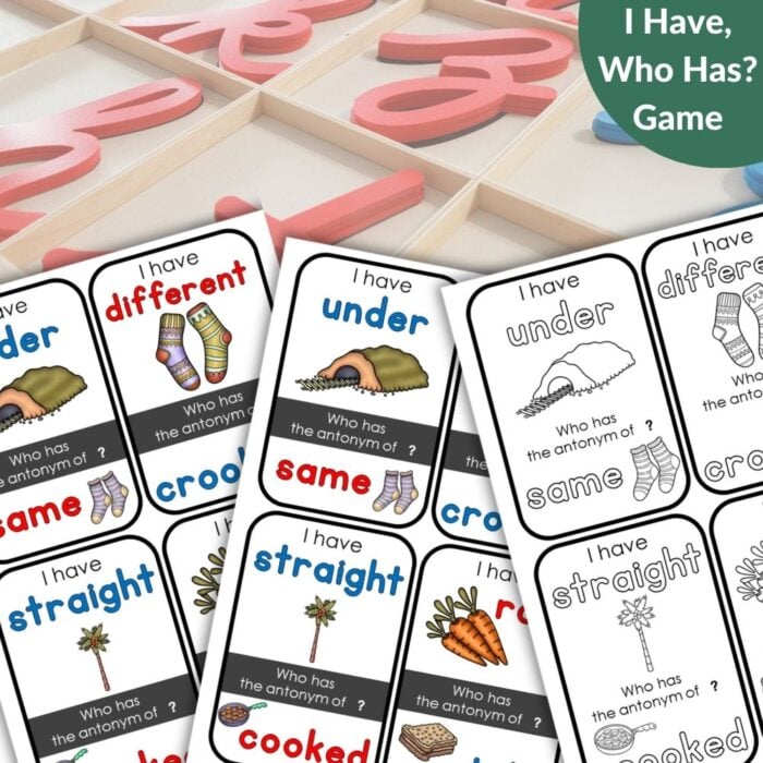 Antonyms Opposites "I Have, Who Has?" Game Cursive Practice for K - Gr 3