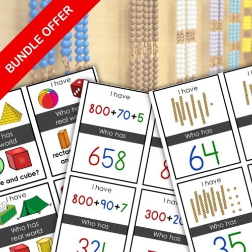 A promo image for the I Have Who Has Math Games Bundle displays place value cards with numbers, math expressions, bead visuals, and game elements, topped by a red "BUNDLE OFFER" banner. Montessori Nature Printables