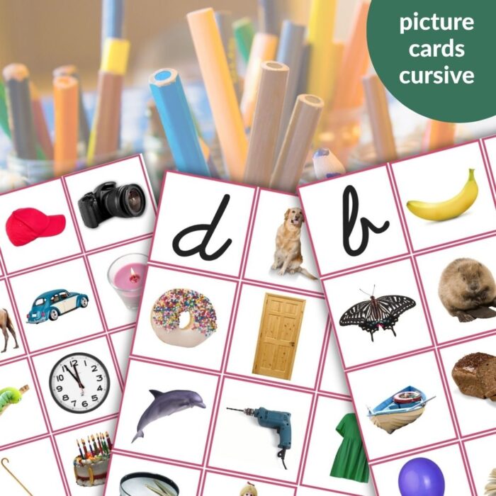 A close up of a picture card featuring Initial Sound Cards in cursive font, perfect for early phonics practice. Montessori Nature Printables
