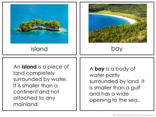 The "Inland and Coastal Features" set includes two labeled cards: one displays an island, surrounded by water; the other shows a bay, partly enclosed by land. Each card features a clear image and definition beneath it. Montessori Nature Printables