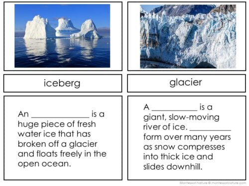 The "Inland and Coastal Features" set includes two labeled cards: one shows an iceberg in the ocean, the other a glacier inland, each with definitions explaining how icebergs and glaciers differ. Montessori Nature Printables