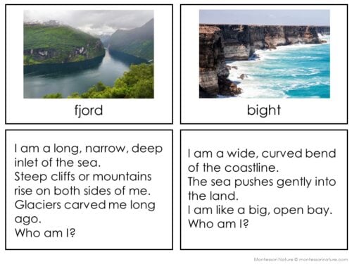 The "Inland and Coastal Features" set includes two labeled photos: a fjord with cliffs and a bight with waves. Each label offers a short description and a riddle for viewers to solve. Montessori Nature Printables
