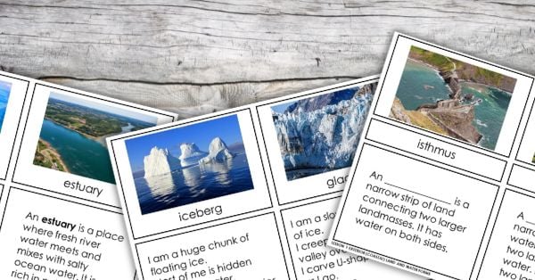 Flashcards with images and definitions of geographical features—such as iceberg, glacier, valley, and bay—highlighting key coastal features and inland features, displayed on a wooden surface for engaging science activities. Montessori Nature Printables